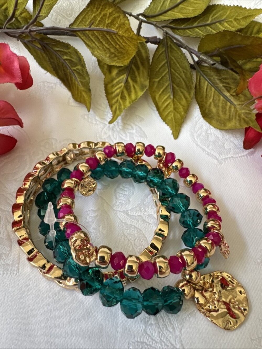 3 Stackable Bead Bracelets Charm Bracelet Pink Green Goldtone Colorful NEW